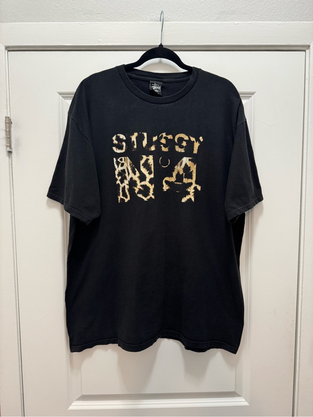 Vintage Stussy Cheetah Print Stussy No 4 Black Tee
